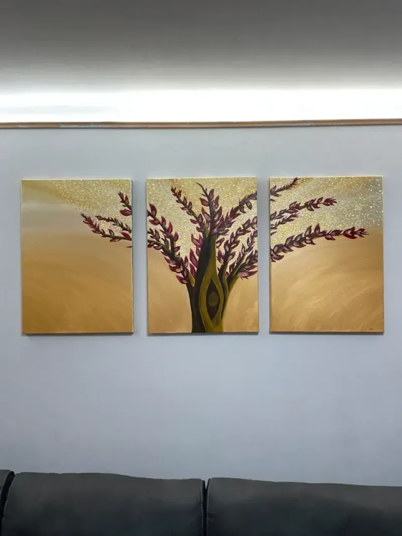 ציור עץ מוכן תלוי על קיר, טריפטיך אקריל על קנבס | DNJ Studio